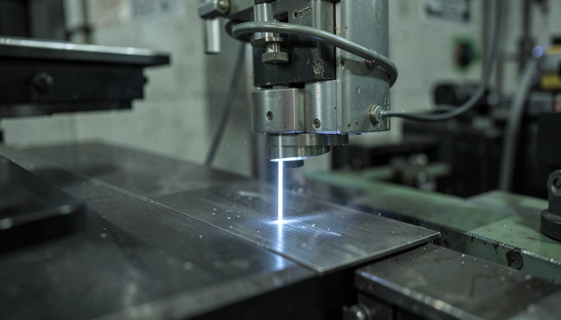 Industrial workshop scene with a metallic laser machine emitting a focused beam onto a dark metal surface, muted gray and green tones, precise and technical atmosphere