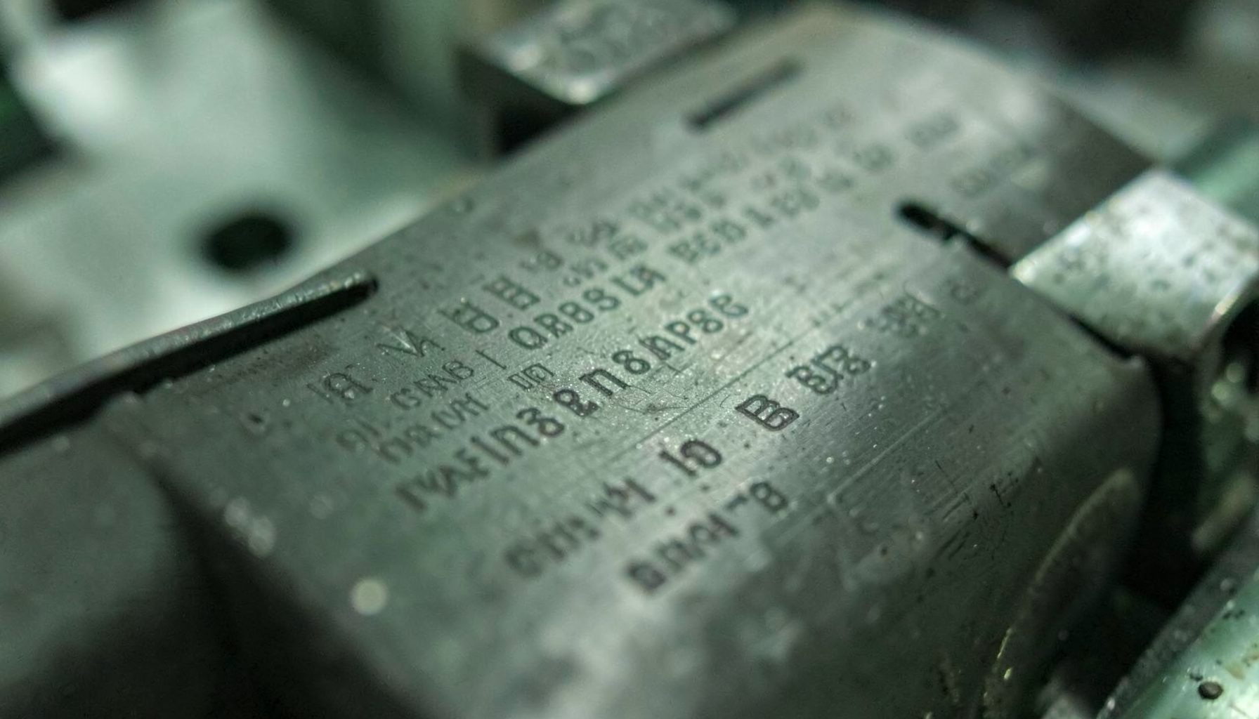 Close-up of metal parts with fine engraved markings under soft industrial lighting, muted gray and green tones conveying precision manufacturing