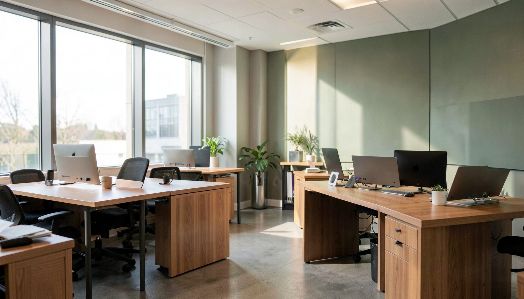 A modern office interior with warm wood desks, soft natural light from large windows, and muted green accents, conveying a calm professional atmosphere.
