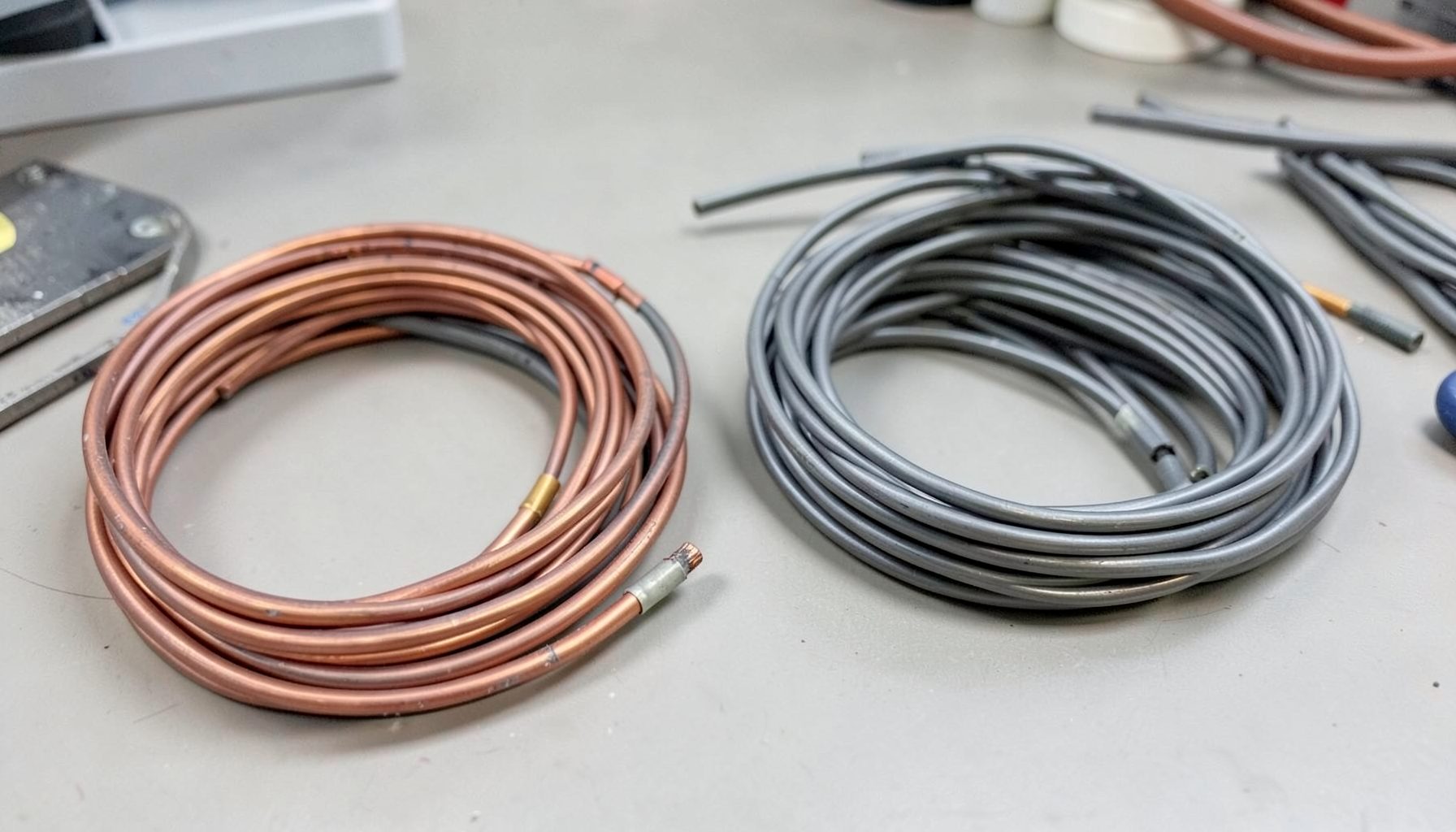 Coiled wire samples with stripped insulation ends, copper and gray tones, tidy workbench arrangement