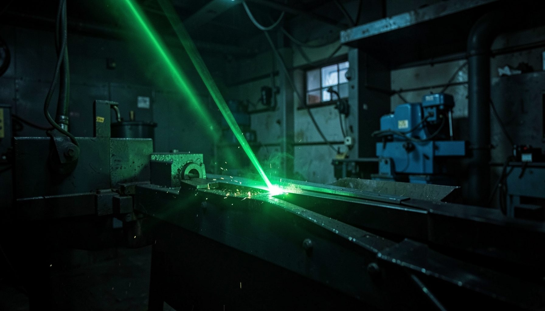 Dark industrial workshop with a green-tinted laser beam cutting through metal, cool blue-gray machinery in the background, moody and precise atmosphere
