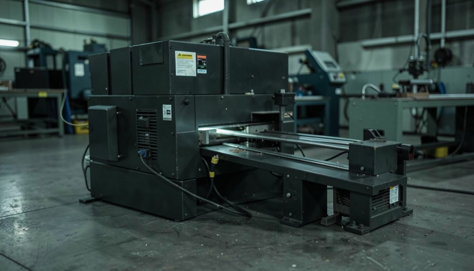 Industrial laser marking equipment on a workshop floor, dark steel and muted green tones, focused engineering mood