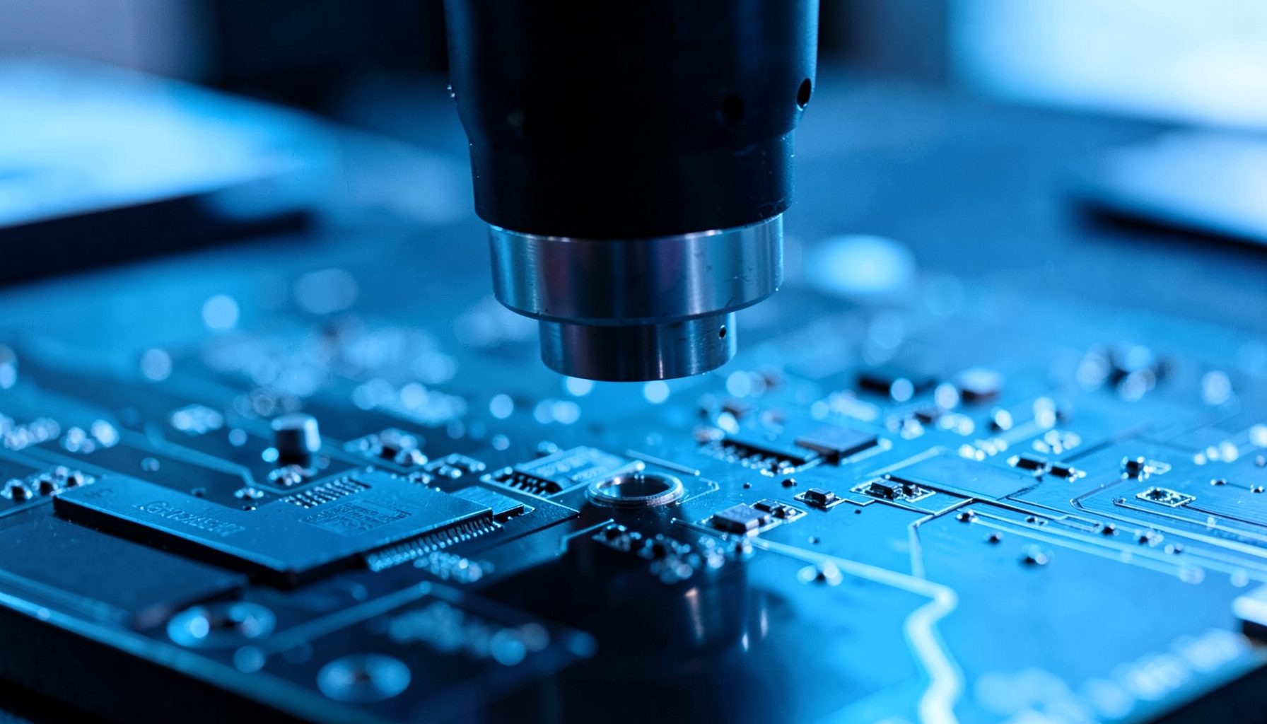 Precision laser head positioned above a circuit board, cool blue ambient light reflecting off the work surface