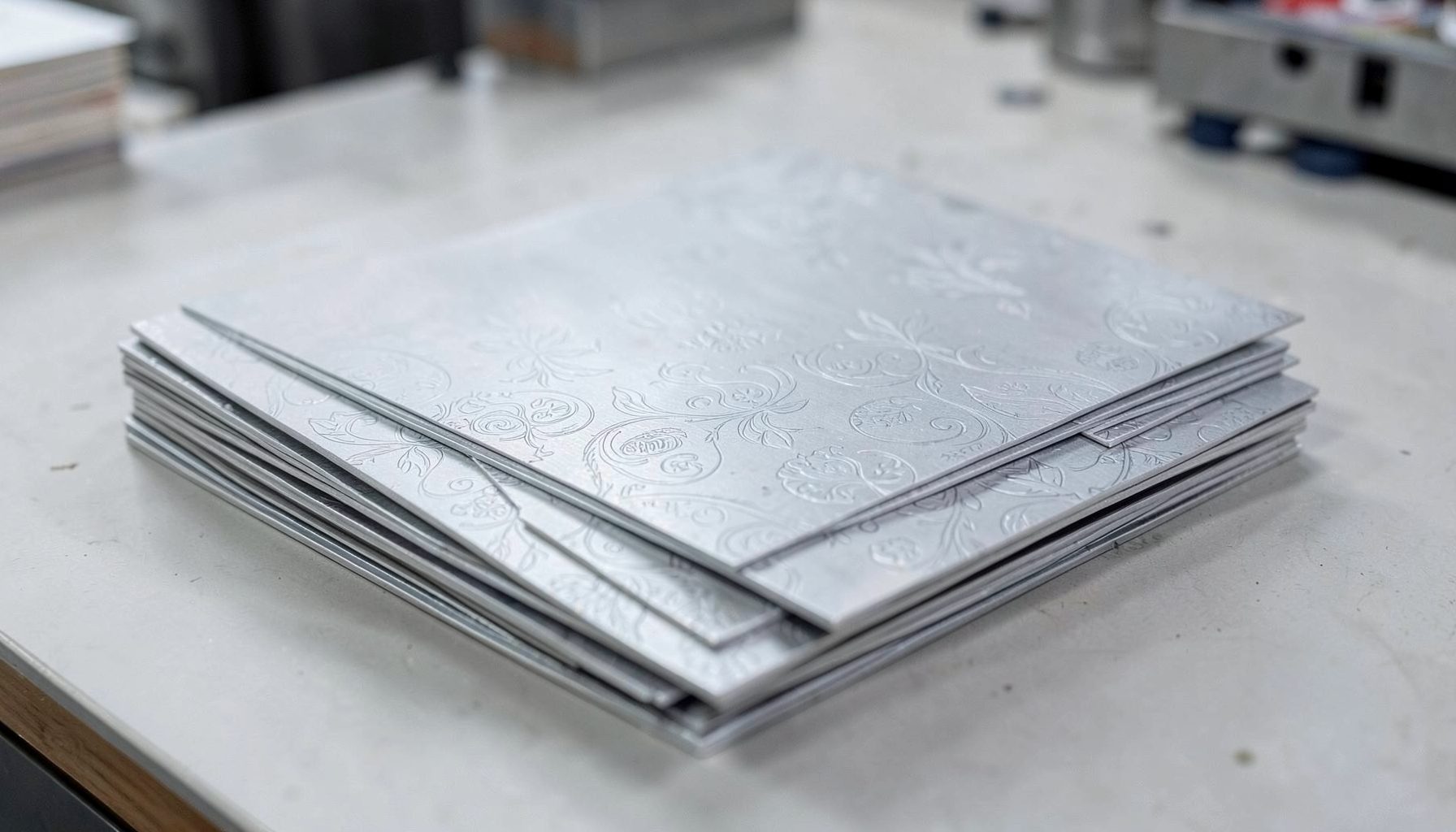 Stack of thin sheet-metal pieces with light etched patterns, silver and gray tones, clean workshop setting