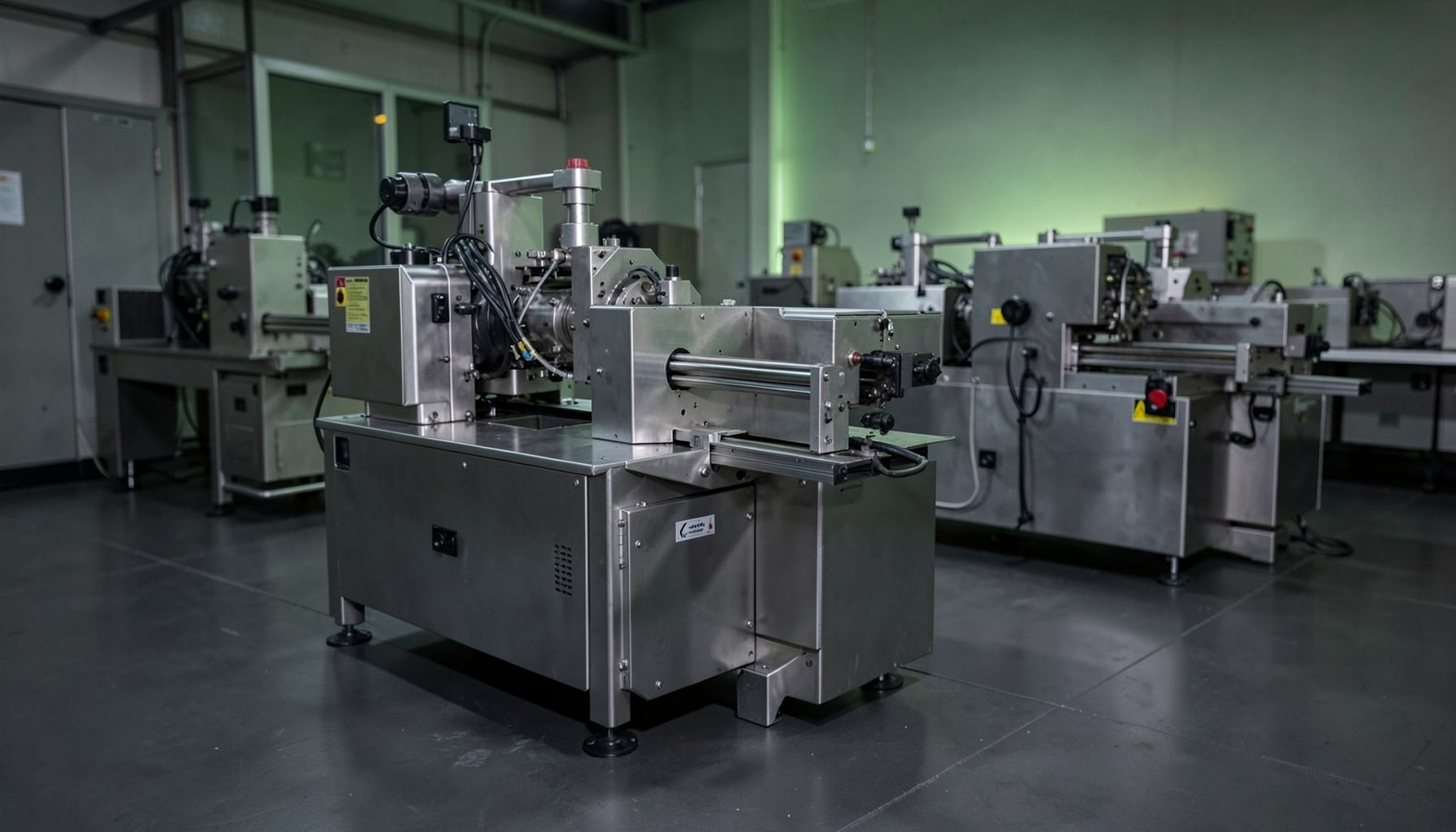 Industrial laser equipment in a workshop with metallic silver machines, dark gray floor, and a soft green accent light, conveying a focused technical mood