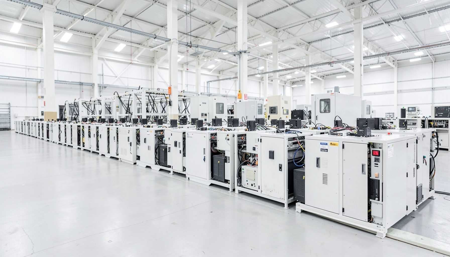 Rows of assembled laser equipment units in a bright factory hall, white and steel tones dominating the scene