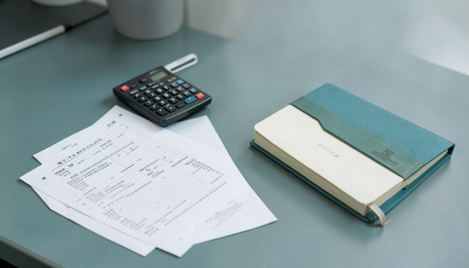 Muted teal and grey office desk scene with paperwork, a calculator, and a ledger book arranged neatly, evoking a calm professional bookkeeping atmosphere